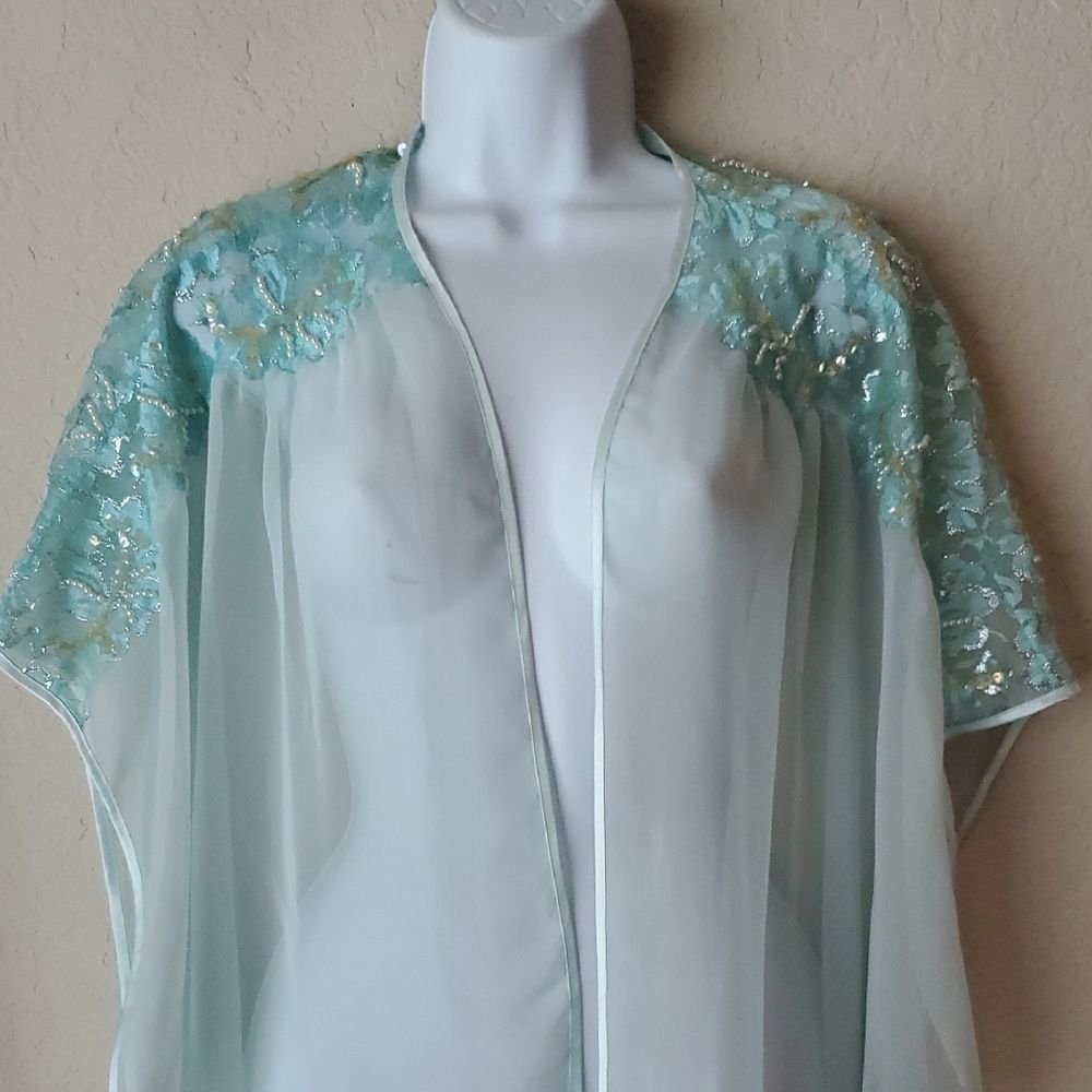 Vtg Victoria's Secret Gold Label Mint Teal Sheer Kimono Robe M Sequin Beaded - Picture 2 of 8